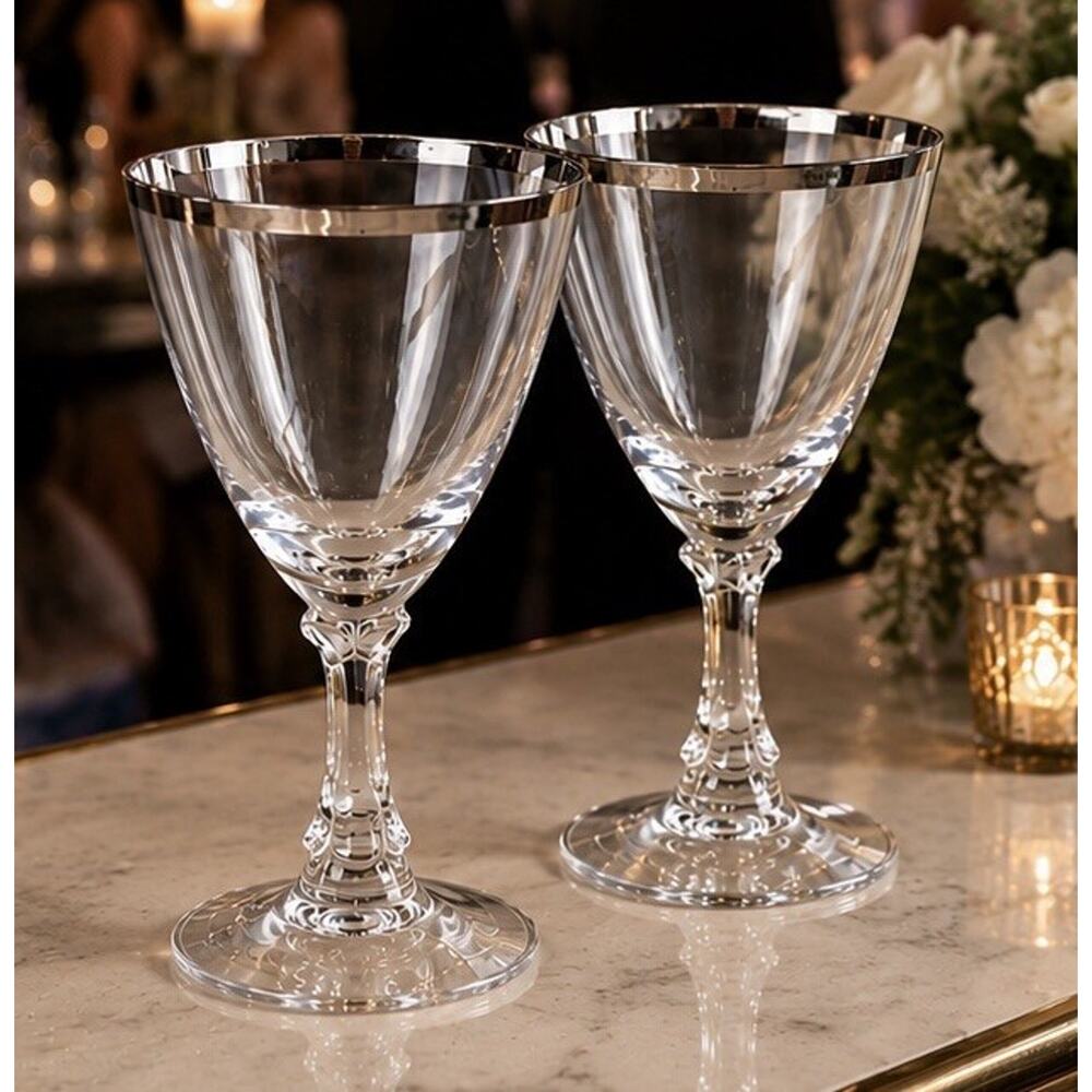 VTG Fostoria Platinum Ring Rim Crystal Martini Bar Glass MCM Set 2 Wedding Gift